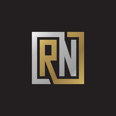 Initial letter RN, looping line, square shape logo, silver gold color on black background