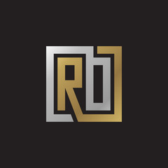Initial letter RO, RD, looping line, square shape logo, silver gold color on black background