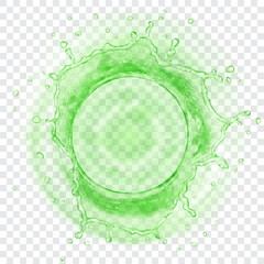 Top view of translucent water crown with drops in green colors, isolated on transparent background. Transparency only in vector format
