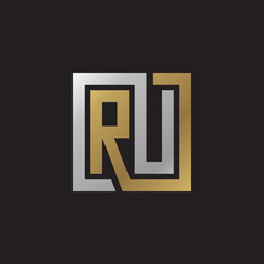 Initial letter RU, looping line, square shape logo, silver gold color on black background