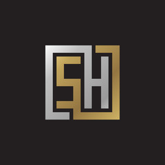 Initial letter SH, looping line, square shape logo, silver gold color on black background