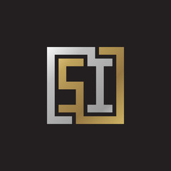 Initial letter SI, looping line, square shape logo, silver gold color on black background