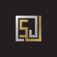 Initial letter SJ, looping line, square shape logo, silver gold color on black background
