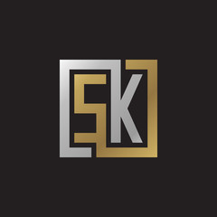 Initial letter SK, looping line, square shape logo, silver gold color on black background