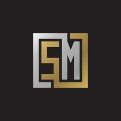 Initial letter SM, looping line, square shape logo, silver gold color on black background