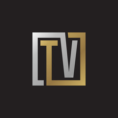 Initial letter TV, looping line, square shape logo, silver gold color on black background