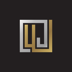 Initial letter UJ, looping line, square shape logo, silver gold color on black background