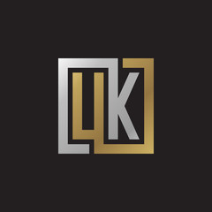 Initial letter UK, looping line, square shape logo, silver gold color on black background