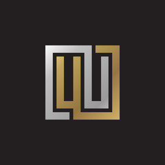 Initial letter UU, looping line, square shape logo, silver gold color on black background