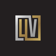 Initial letter UV, looping line, square shape logo, silver gold color on black background