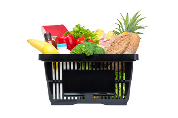 Black shopping basket full of food and groceries,