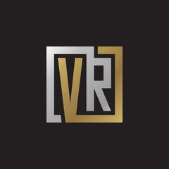 Initial letter VR, looping line, square shape logo, silver gold color on black background