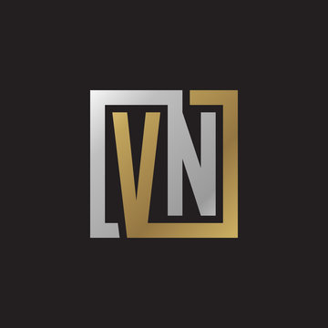 Initial letter VN, looping line, square shape logo, silver gold color on black background
