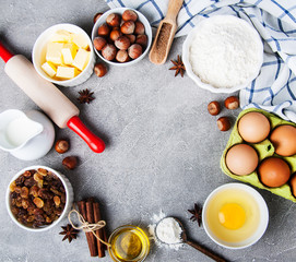 Top view of  kitchen table with baking ingredients
