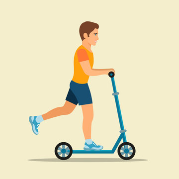 Happy young man rides on a scooter. Vector flat style illustration