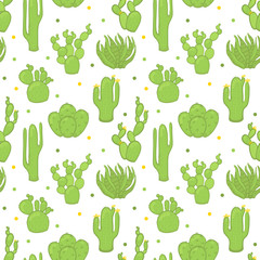 Vector seamless trendy pattern with different cactuses. On a white background.