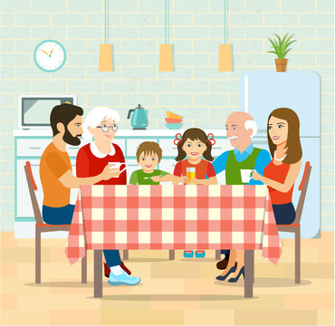 Smiling big family having dinner in kitchen. Vector flat style illustration