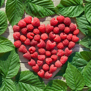 red Raspberry Heart  with green leaves