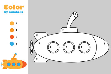 Submarine in cartoon style, color by number, education paper game for the development of children, coloring page, kids preschool activity, printable worksheet, vector illustration
