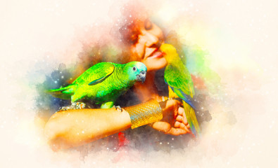 Young woman with color parrots and softly blurred watercolor background.