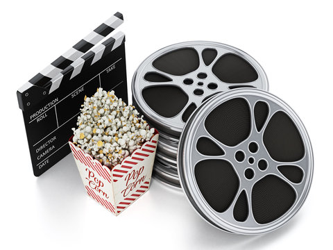 Vintage popcorn, clapboard and film slate isolated on white. 3D illustration