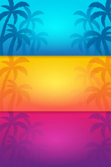 Summer tropical backgrounds set with palms and sunset. Summer placard poster flyer invitation card. Summer time. Vector Illustration