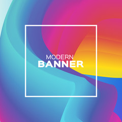 Liquid Poster. Bright Colorful Wave Smoke Shapes with Square frame. Space for text. Abstract Dynamic Effect on purple blue. Modern Template Banner. Vector