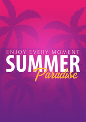 Obraz premium Summer Paradise tropical background with palms and sunset. Summer placard poster flyer invitation card. Summer time. Vector Illustration
