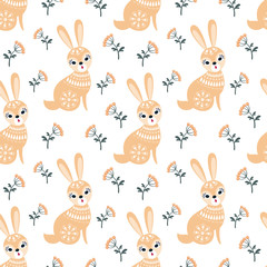 Decorative seamless pattern in folk style with rabbit. Colorful vector background.