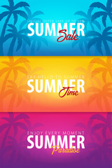 Summer tropical backgrounds set with palms and sunset. Summer placard poster flyer invitation card. Summer time. Vector Illustration