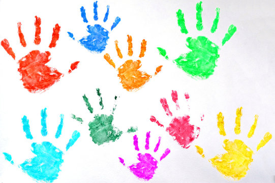 Kids colored hand print on white background