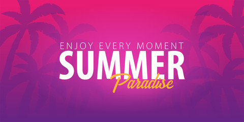 Summer Paradise tropical background with palms and sunset. Summer placard poster flyer invitation card. Summer time. Vector Illustration.