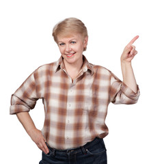 old woman points at something with her finger isolated on white