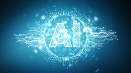 Digital artificial intelligence text hologram 3D rendering