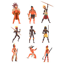 Armed native people of African tribes, Australian and American aboriginal set, tribe members in traditional clothing vector Illustrations on a white background