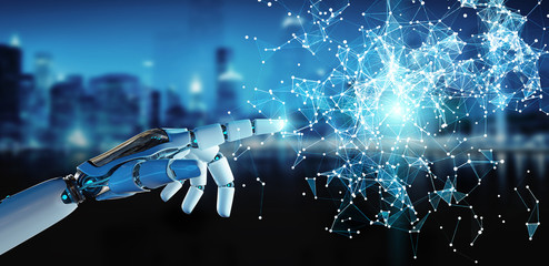 White humanoid hand using digital globe hud interface 3D rendering