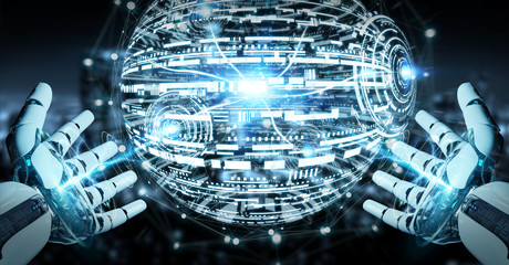 White robot hand using digital globe hud interface 3D rendering