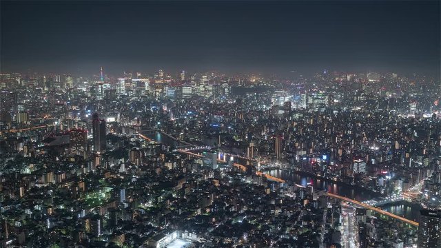 4K Timelapse Sequence of Tokyo, Japan - Shibuya at Night from the Sky Tree Tower Wide Angle
