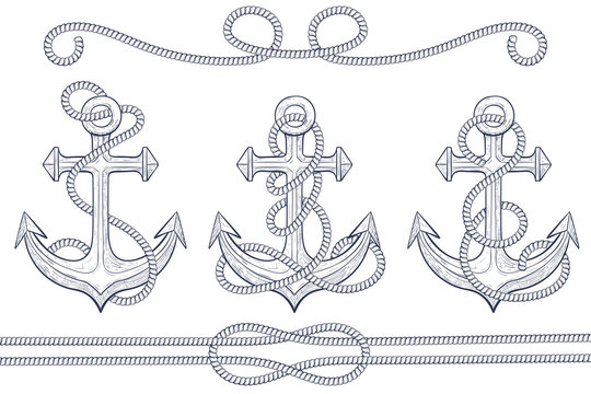 Anchors with rope. Hand drawn sketch