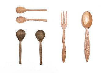 Collection of wooden spoon and fork isolated on white background. Kitchen utencils. Kitchenware.