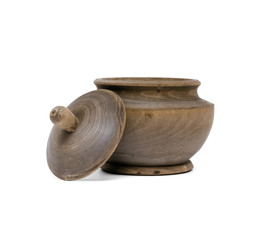 Wooden kitchen pot isolated on white background. Kitchenware.