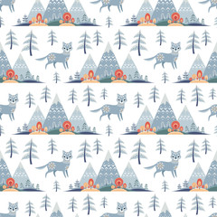 Decorative seamless pattern in folk style with wolf. Colorful vector background.