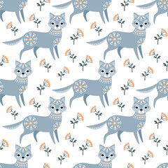 Decorative seamless pattern in folk style with wolf. Colorful vector background.