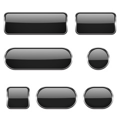 Black glass oval, round, square buttons with chrome frame. 3d icons