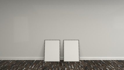 Blank white poster in wooden frame standing on the floor