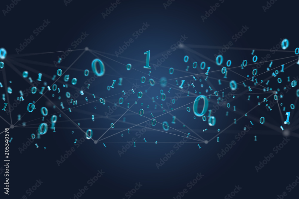 Poster network connection of data with 0 and 1 number - 3d render