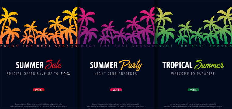 Summer Tropical backgrounds set with palms. Summer placard poster flyer invitation card. Summer time. Vector Illustration