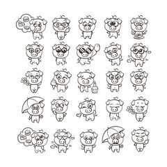 Collection of cutest pig character icon set with different emotions. Vector illustration for new 2019 year.
