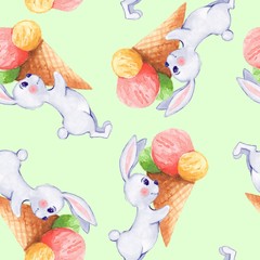Seamless pattern with white rabbits and Ice Cream. Watercolor illustration