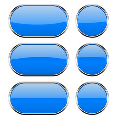 Blue glass buttons with chrome frame. 3d icons